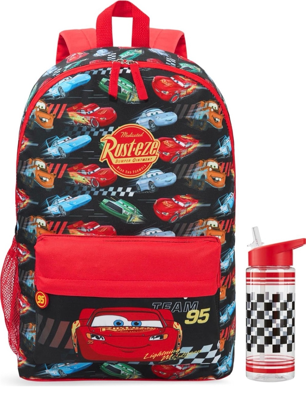 Disney Pixar Cars Lightning McQueen Red Kids Backpack and Water Bottle Set NEW